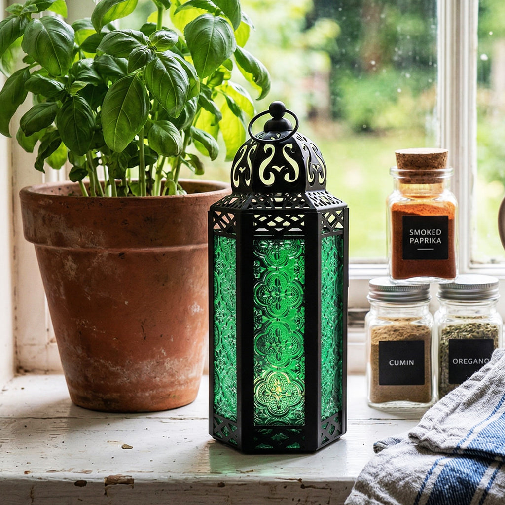 Moroccan Candle Lantern Holder Medium 10.5 Inch – Handcrafted Glass Iron Metal Lantern with Embossed Floral Panels, 17 Colors, Indoor Outdoor Use for Ramadan, Wedding, Patio, Diwali & Home Decor