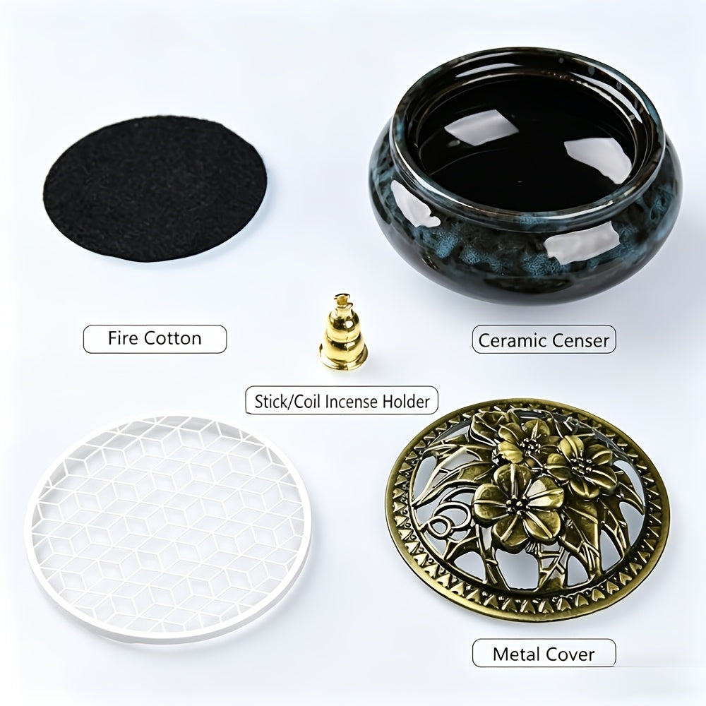 Ceramic Incense Holder Set 4pcs Large Kiln-Fired with Vintage Brass Lid & Fireproof Mat – Stick, Cone & Coil Incense Burner for Home Meditation, Zen Decor & Aromatherapy