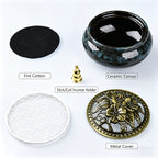 Ceramic Incense Holder Set 4pcs Large Kiln-Fired with Vintage Brass Lid & Fireproof Mat – Stick, Cone & Coil Incense Burner for Home Meditation, Zen Decor & Aromatherapy
