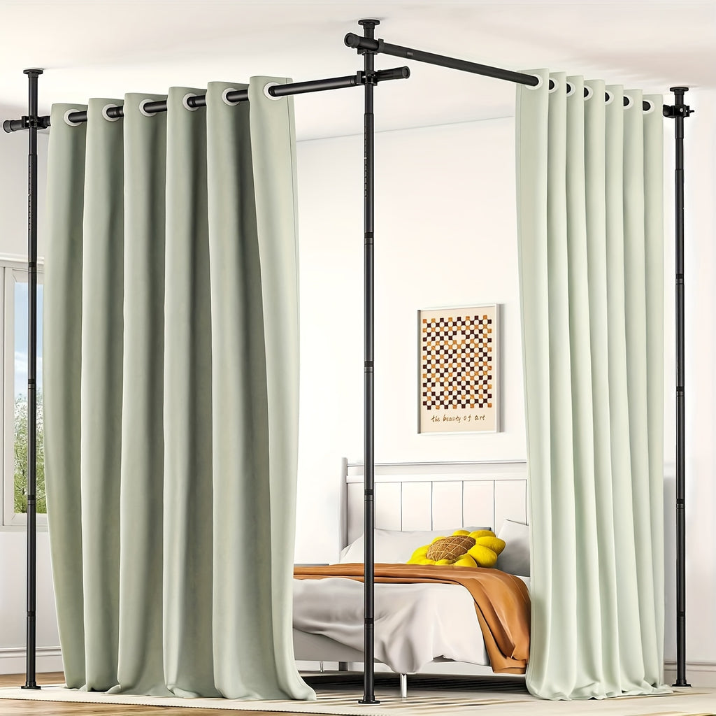 Room Divider Curtain No Drill Floor to Ceiling Tension Rod Adjustable Privacy Screen 4-10ft Height 29-146in Width Metal Frame Bedroom Office Renters Black