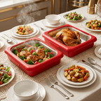 Reusable Food Storage Tray Set 4PCS 2-in-1 Plastic Serving Tray with Foil Trays – Holiday Party Containers for Christmas, Thanksgiving, BBQ & Outdoor Gatherings, White, Red & Black