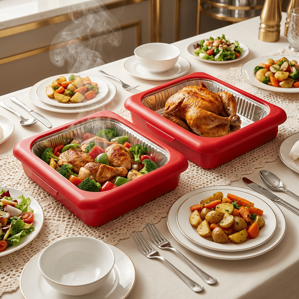 Reusable Food Storage Tray Set 4PCS 2-in-1 Plastic Serving Tray with Foil Trays – Holiday Party Containers for Christmas, Thanksgiving, BBQ & Outdoor Gatherings, White, Red & Black