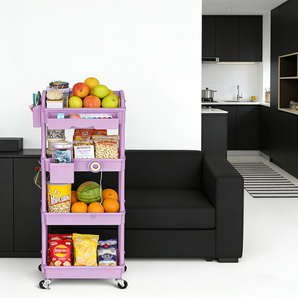 3/4-Tier Rolling Storage Cart with Drawers – Plastic Organizer with Lockable Wheels, Cup Holder & Hooks | Kitchen, Bathroom, Bedroom & Laundry Room