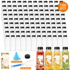 100pcs Bulk Reusable Juice Bottles with Flip-Top Caps, Labels, Funnel & Brush – Clear 12oz/16oz Plastic Containers for Juice, Smoothies, Milkshakes & Iced Coffee