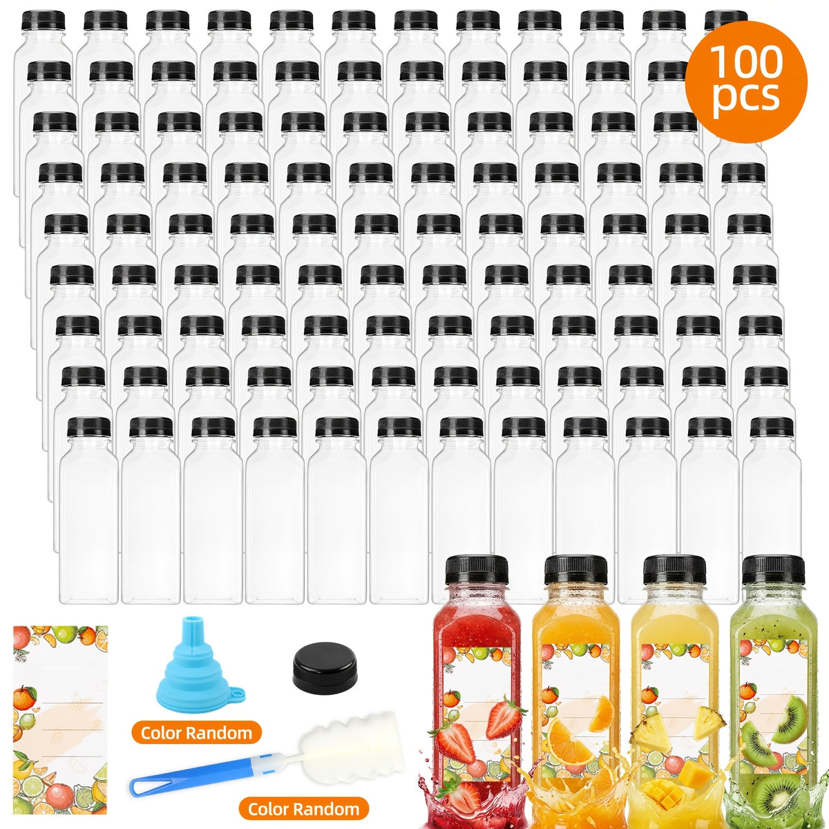 100pcs Bulk Reusable Juice Bottles with Flip-Top Caps, Labels, Funnel & Brush – Clear 12oz/16oz Plastic Containers for Juice, Smoothies, Milkshakes & Iced Coffee