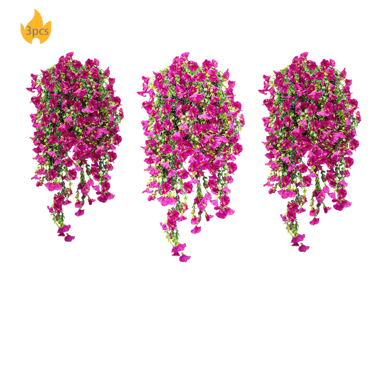 Morning Glory Artificial Hanging Flowers 3pcs with Persian Grass & Eucalyptus – UV-Resistant Faux Floral Bundle in Mix & Fuchsia, Outdoor Home Office Garden Decor, Mother’s Day & Thanksgiving Gift