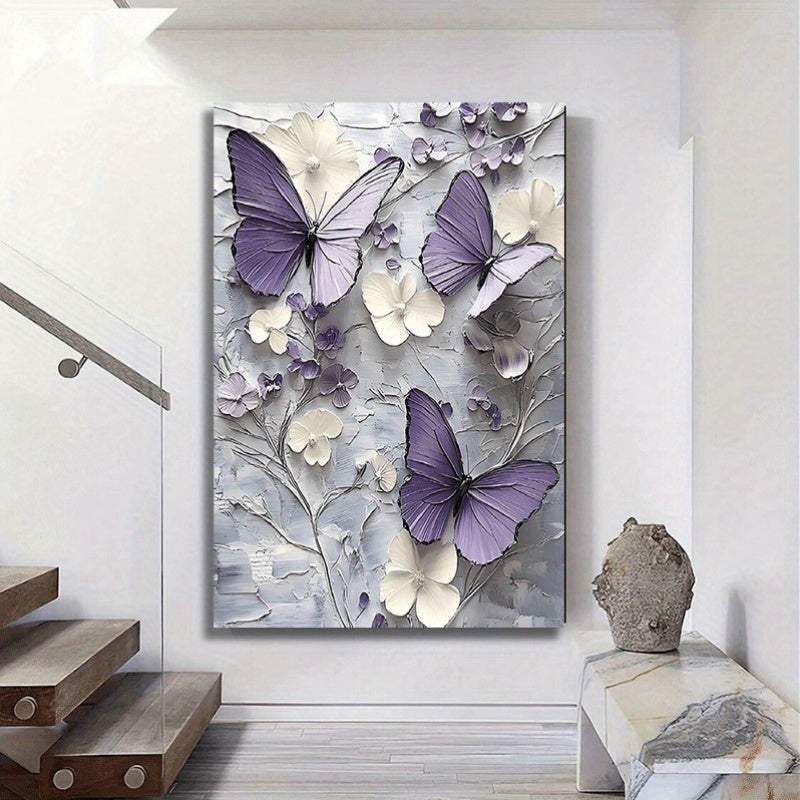 Elegant Butterfly Floral Canvas Wall Art – Wooden Framed Large Print, Rustic Farmhouse Style, Purple & White Floral Design on Grey Background, Perfect for Wedding, Bridal Shower, Living Room & Home Decor