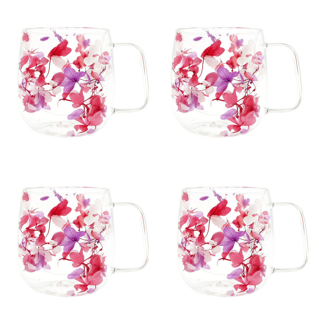 Double Wall Glass Coffee Cups Set of 4 with Handle – 12oz Leakproof Thermal Mugs for Tea, Latte & Cappuccino | Dried Flower & Petal Designs | Gift for Coffee Lovers