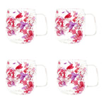 Double Wall Glass Coffee Cups Set of 4 with Handle – 12oz Leakproof Thermal Mugs for Tea, Latte & Cappuccino | Dried Flower & Petal Designs | Gift for Coffee Lovers