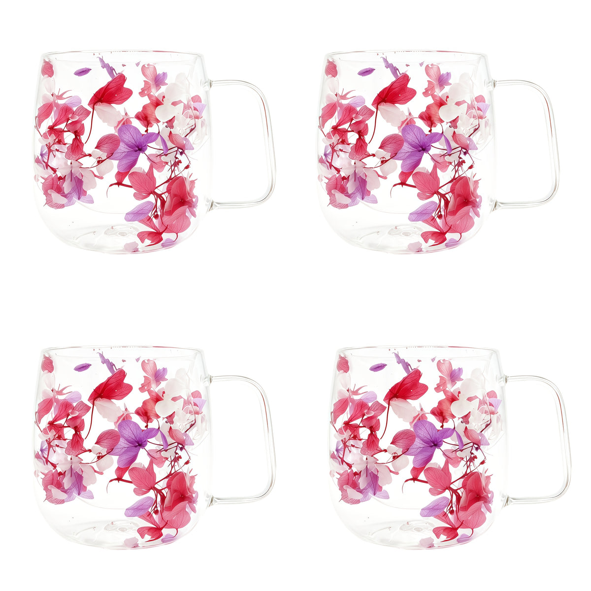 Double Wall Glass Coffee Cups Set of 4 with Handle – 12oz Leakproof Thermal Mugs for Tea, Latte & Cappuccino | Dried Flower & Petal Designs | Gift for Coffee Lovers