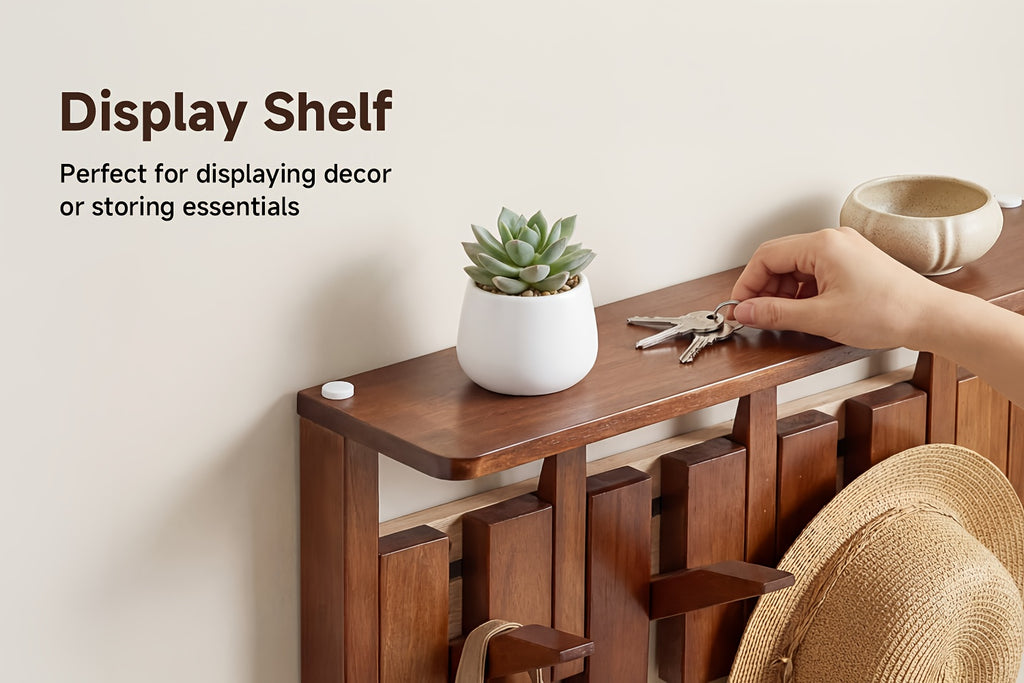 Wall Mounted Coat Rack Foldable Hooks Solid Rubberwood 6 or 8 Hooks 22 lbs Capacity Floating Shelf Dual Installation Drilling or Adhesive for Entryway Bedroom Bathroom Living Room