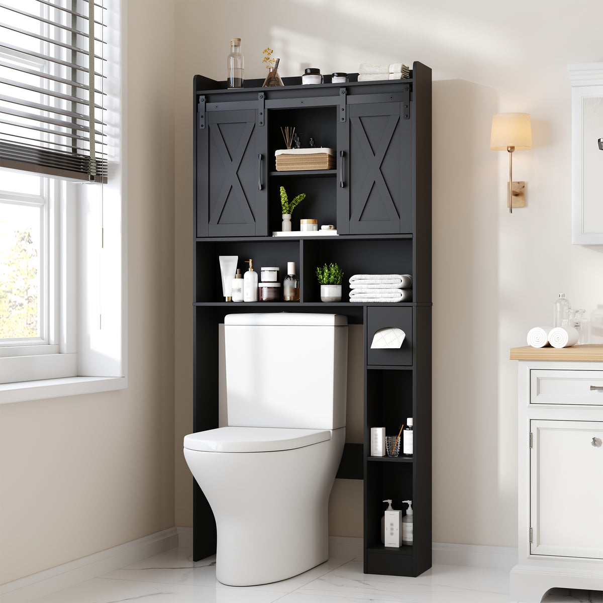Farmhouse Over Toilet Cabinet with Sliding Doors Engineered Wood Adjustable Shelf Toilet Paper Holder Stand Space Saving Bathroom Storage No Wall Mount Multiple Colors