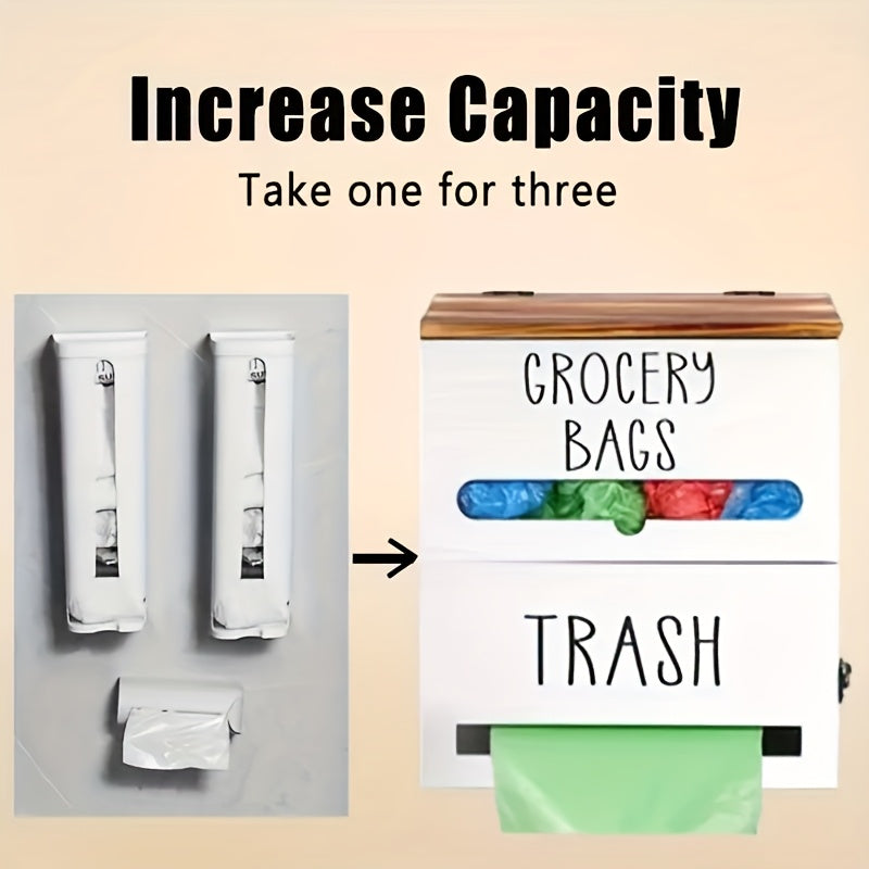 Wooden Trash Bag Dispenser Hanging Rack Under Sink Organizer for Garbage Bags Shopping Bags Tissues – Easy Install Space-Saving Kitchen Storage