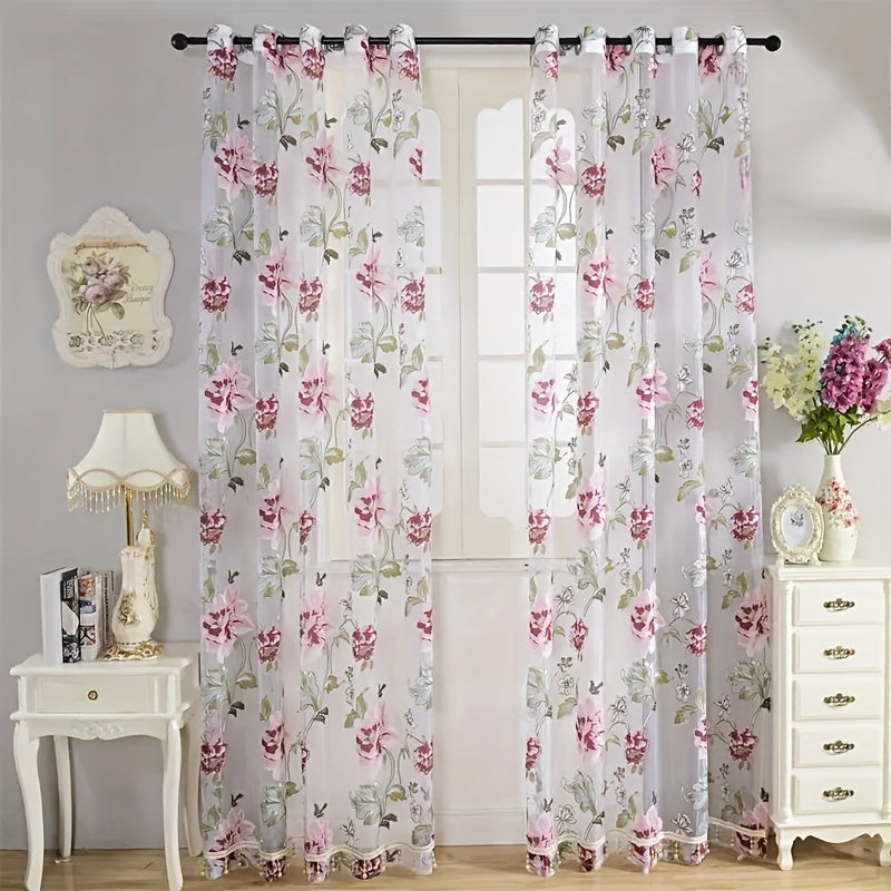 Peony Floral Sheer Curtains Grommet Top – Tulle Voile Light Filtering Drapes for Bedroom Living Room, Purple Pink, Set of 2 Panels