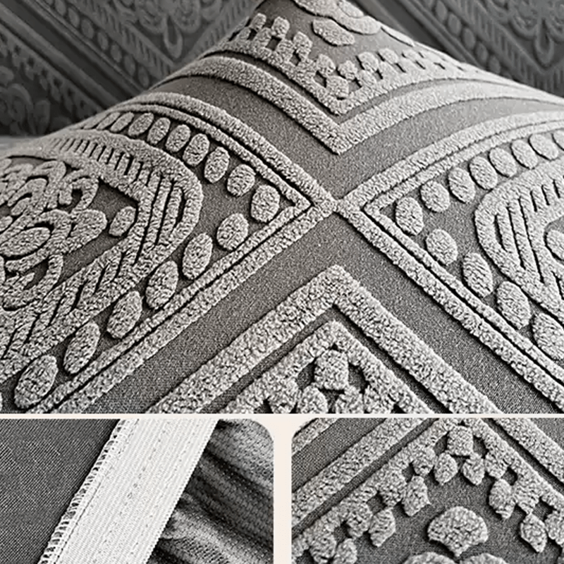 Velvet Jacquard Sofa Slipcover Grey Ruffle Detail Non-Slip Dustproof Stretch Machine Washable All-Season 1 2 3 4 Seater L-Shape Compatible Luxury Couch Cover