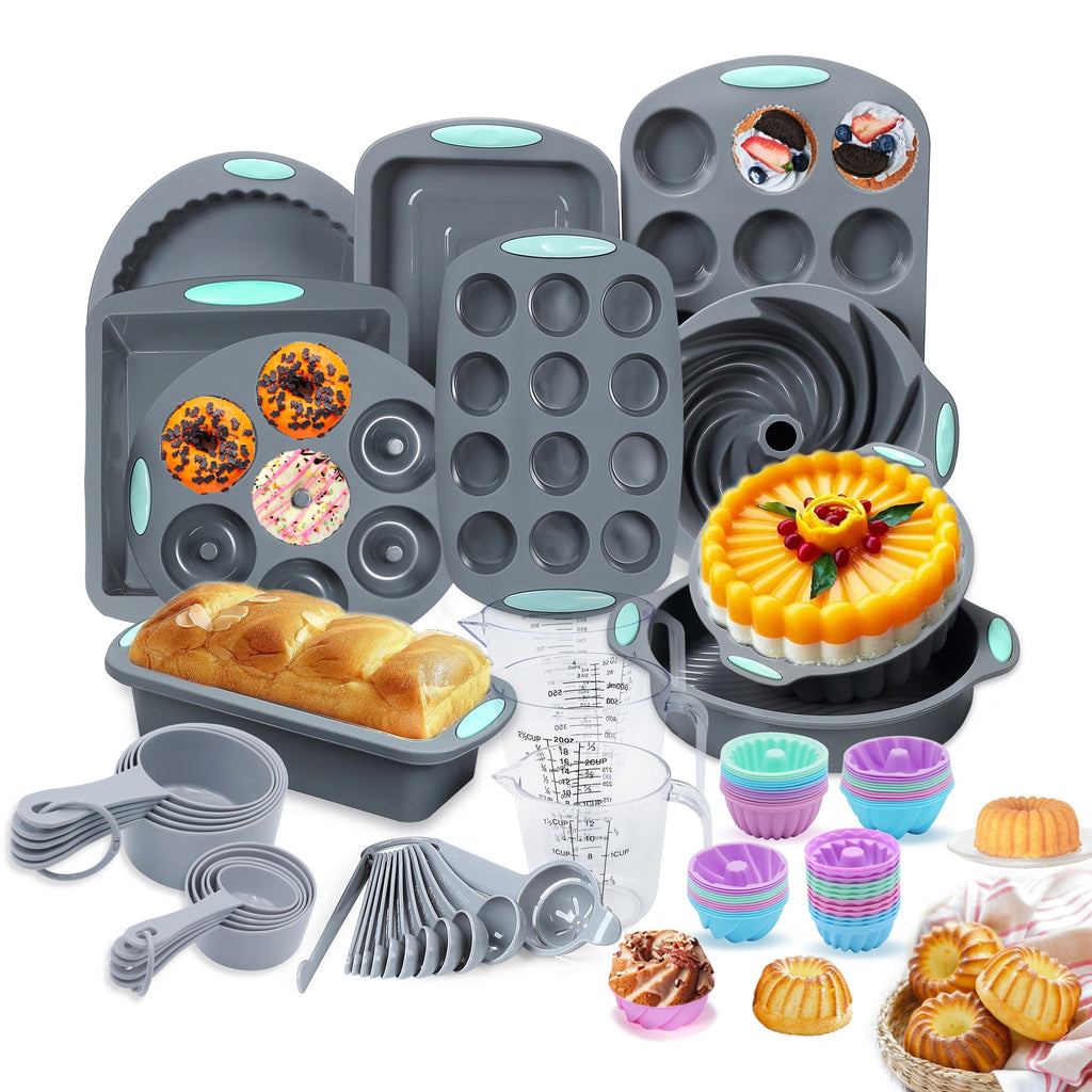 Silicone Bakeware Set – 45, 53 or 83-Piece with Cake Molds, Baking Sheet, Donut Pan, Muffin Pan, Baking Cups & Measuring Cups and Spoons