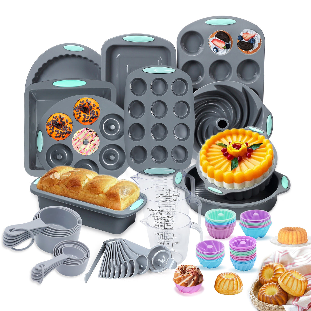 Silicone Bakeware Set – 45, 53 or 83-Piece with Cake Molds, Baking Sheet, Donut Pan, Muffin Pan, Baking Cups & Measuring Cups and Spoons