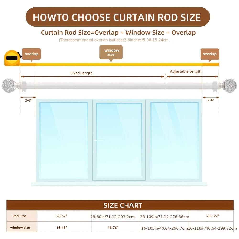 Adjustable Curtain Rod Crystal & Gold Single Decorative Rod for Windows 28 to 122 Inch – Spliced Extension Design, 8 Size Options