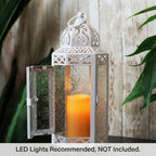 Moroccan Candle Lantern Holder Medium 10.5 Inch – Handcrafted Glass Iron Metal Lantern with Embossed Floral Panels, 17 Colors, Indoor Outdoor Use for Ramadan, Wedding, Patio, Diwali & Home Decor