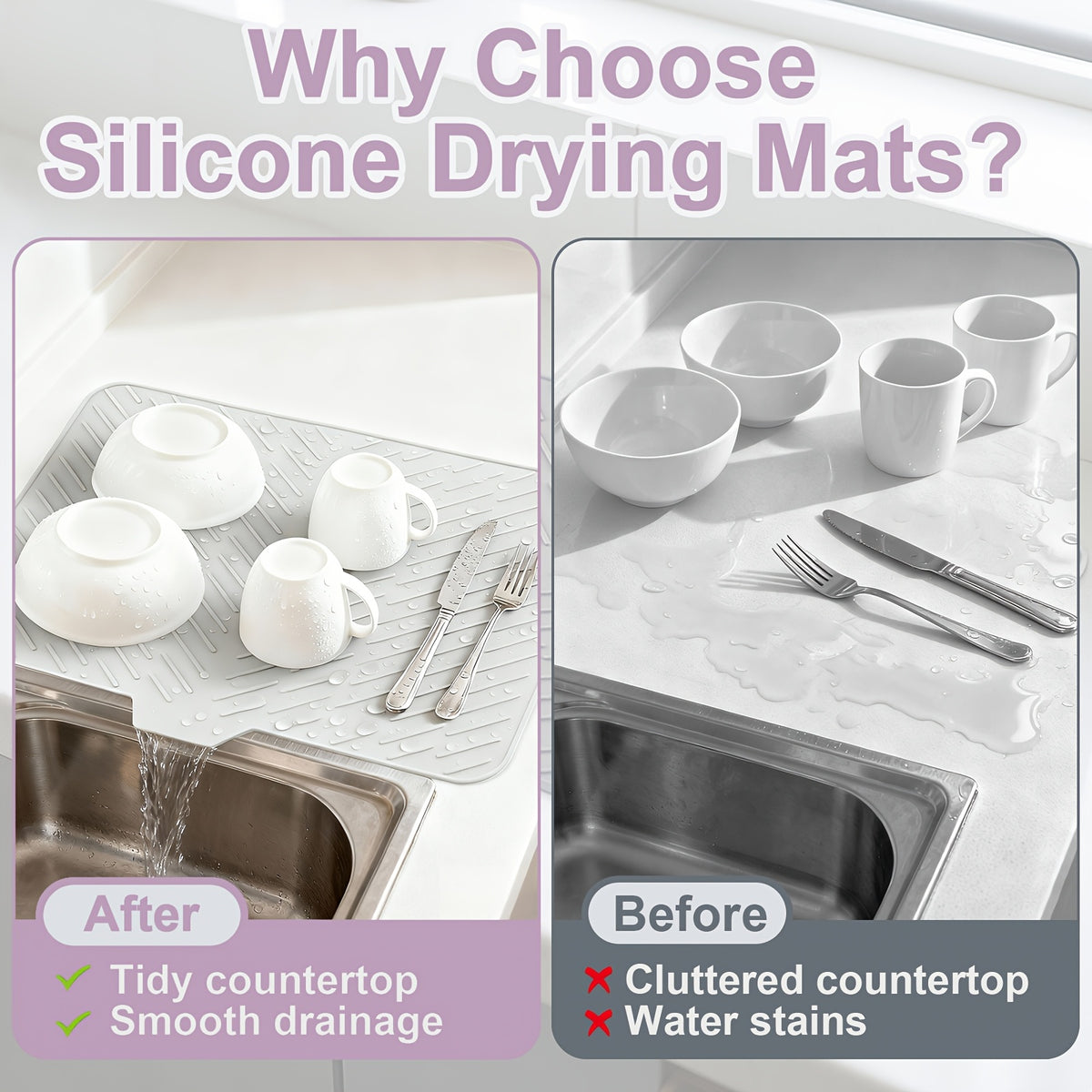 Silicone Dish Drying Mat with Built-In Drain Lip, Large Kitchen Counter Dish Drainer Mat, Easy-Clean 10mm Thick Drainage Pad, Non-Slip & Heat Resistant, Available in Multiple Sizes & Colors