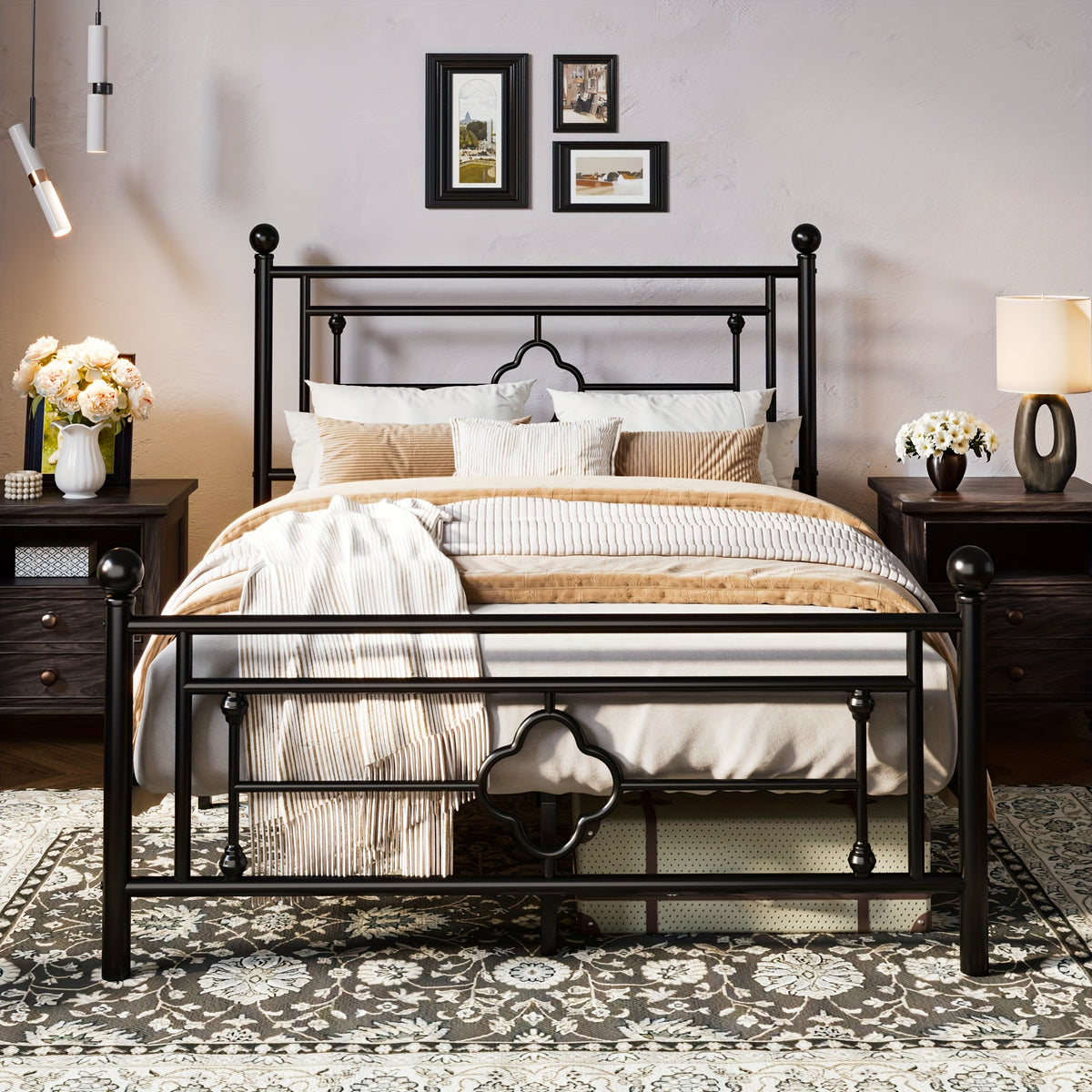 Metal Platform Bed Frame with Vintage Iron Art Headboard Footboard No Box Spring Needed Under Bed Storage Twin Full Queen King Black White Pink Gold
