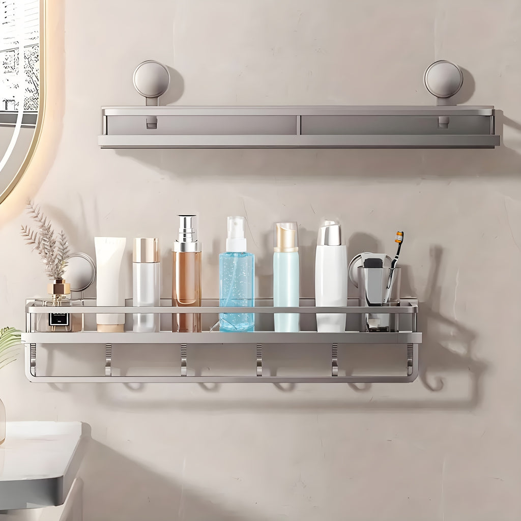 Suction Cup Shower Caddy Space Aluminum – Wall-Mounted Bathroom Shelf Organizer with Towel Holder, Rustproof Floating Shelf for Shampoo & Soap