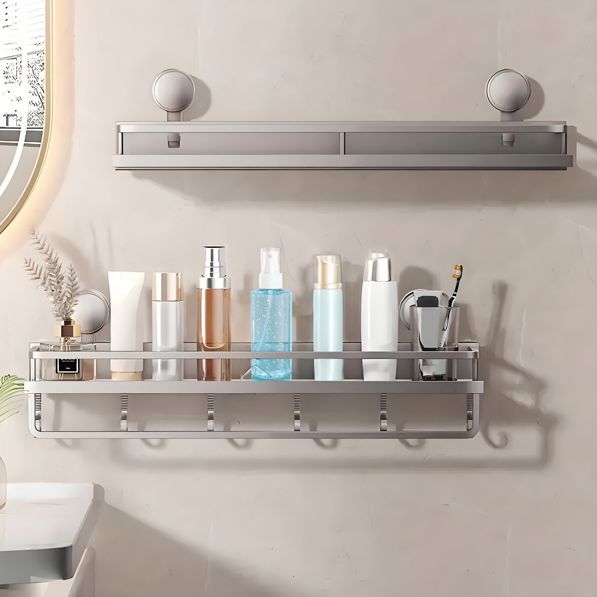 Suction Cup Shower Caddy Space Aluminum – Wall-Mounted Bathroom Shelf Organizer with Towel Holder, Rustproof Floating Shelf for Shampoo & Soap