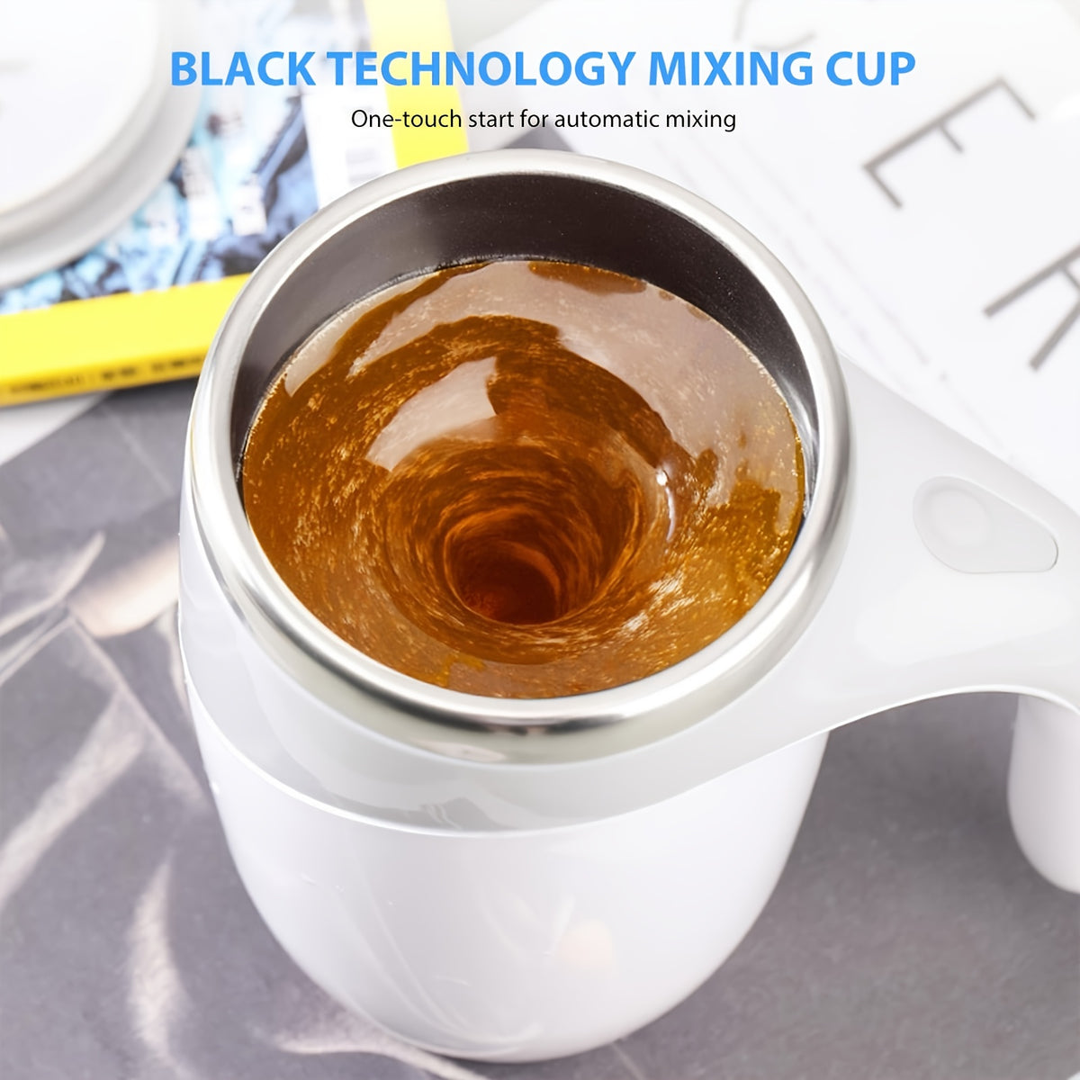 Self Stirring Coffee Mug 13.3oz - Magnetic Stirring Technology, 304 Stainless Steel Travel Mug, No Battery Needed, Ergonomic Handle & Spill-Proof Lid, Great Gift for Coffee Lovers