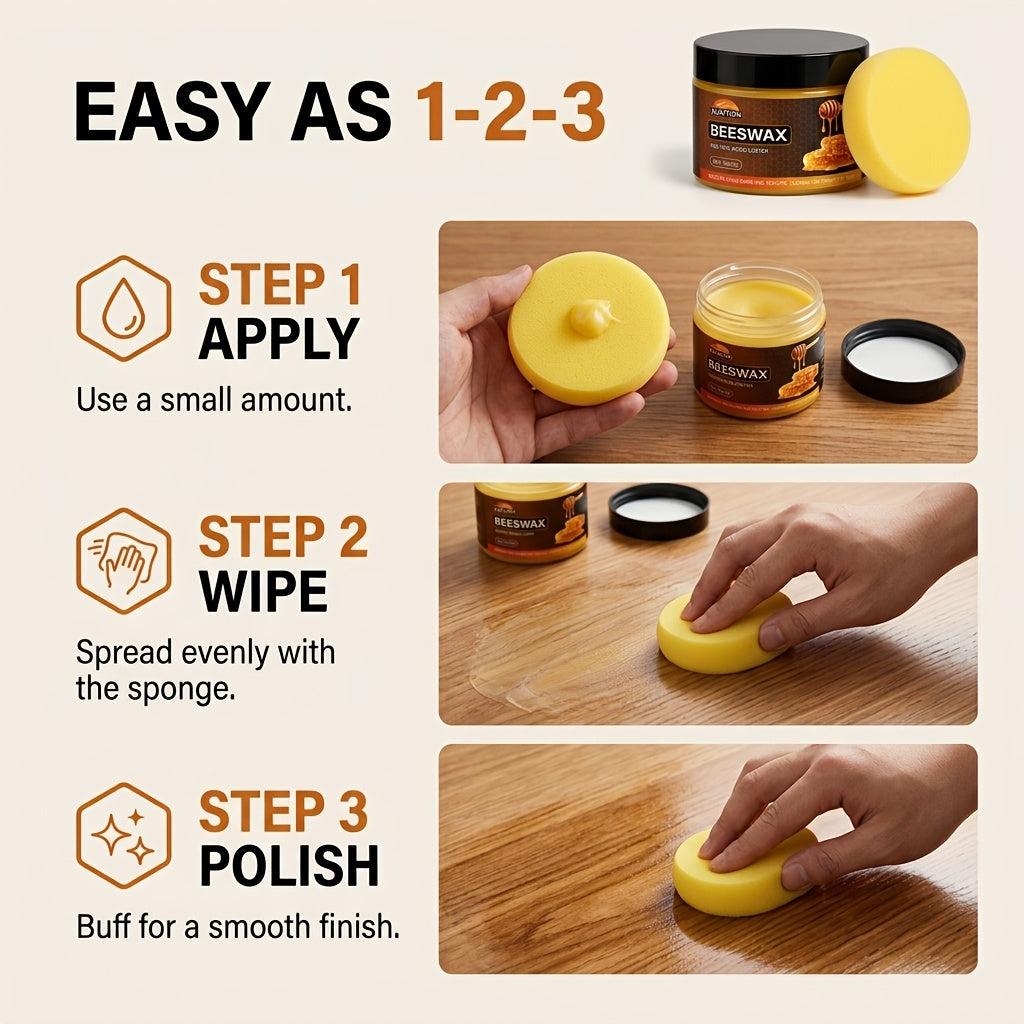 Wood Beeswax Protector Polish with Polishing Sponge – Non-Greasy Formula Boosts Gloss & Durability for Cabinets, Stairs, Cutting Boards & Hardwood Furniture