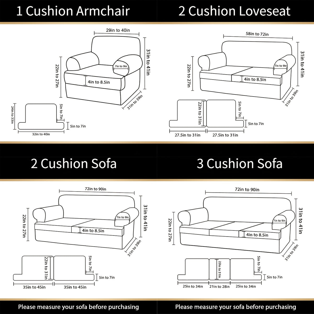 T Cushion Loveseat Slipcover 3-Piece Set, Stretch Sofa Covers for 2-Cushion Couch with 2 Individual T-Shape Seat Covers, Machine Washable Furniture Protector for Living Room, Wrinkle Free
