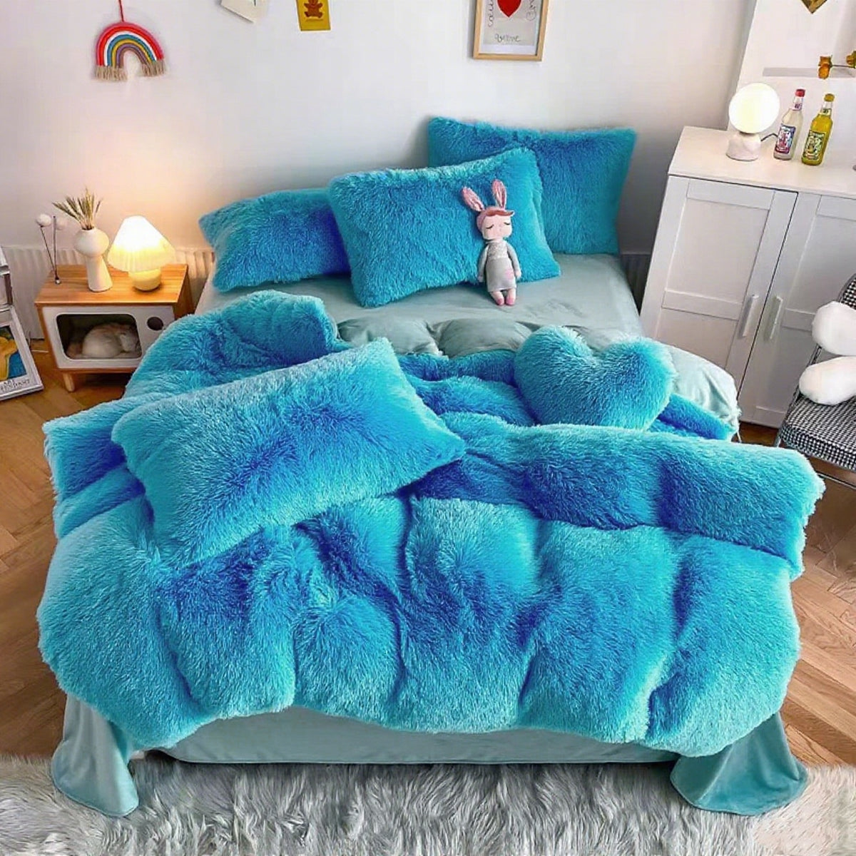 Plush Faux Fur Duvet Cover Set for Kids & Teens, 3/4 Pcs with Pillowcases & Heart Pillow, Super Soft Warm Faux Fur Comforter Cover, Machine Washable Lodge Style Bedding, Twin Queen King