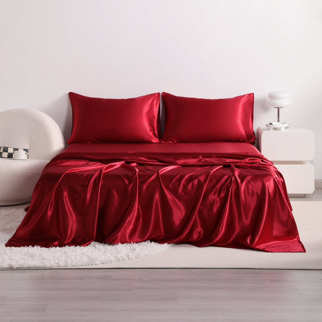 Cooling Satin Bed Sheet Set 4-Piece – Hypoallergenic Breathable Deep Pocket Flat & Fitted Sheet with Pillowcases, 300 GSM, 15 Colors, Twin to Cal King