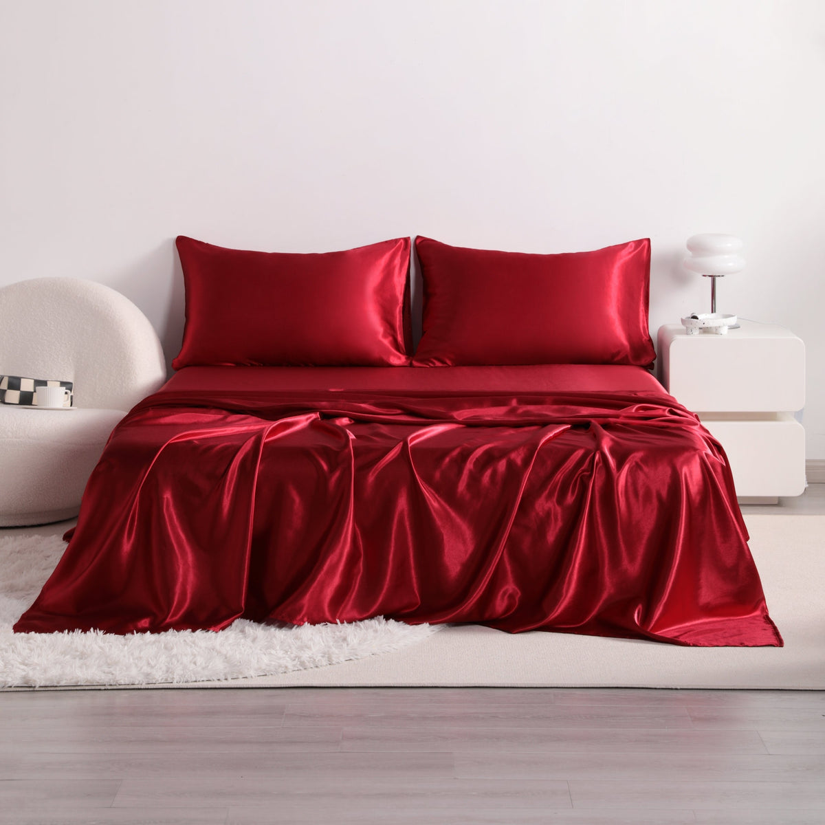 Cooling Satin Bed Sheet Set 4-Piece – Hypoallergenic Breathable Deep Pocket Flat & Fitted Sheet with Pillowcases, 300 GSM, 15 Colors, Twin to Cal King