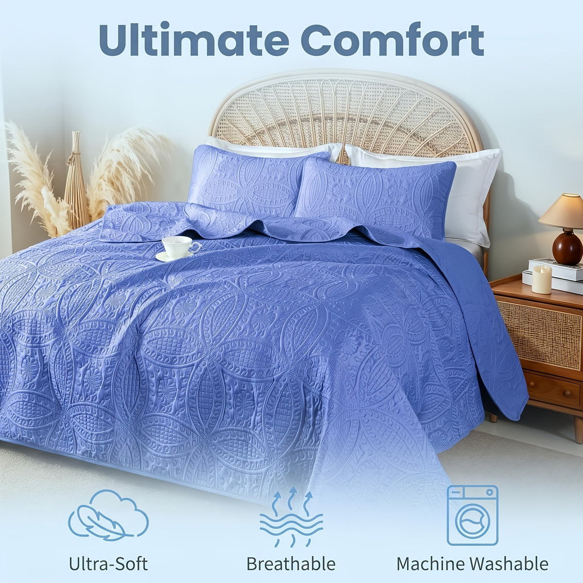 Quilted Bedspread Set Lightweight Cooling Coverlet with Pillow Shams Twin Queen King Soft Breathable Summer Bedding Set Machine Washable