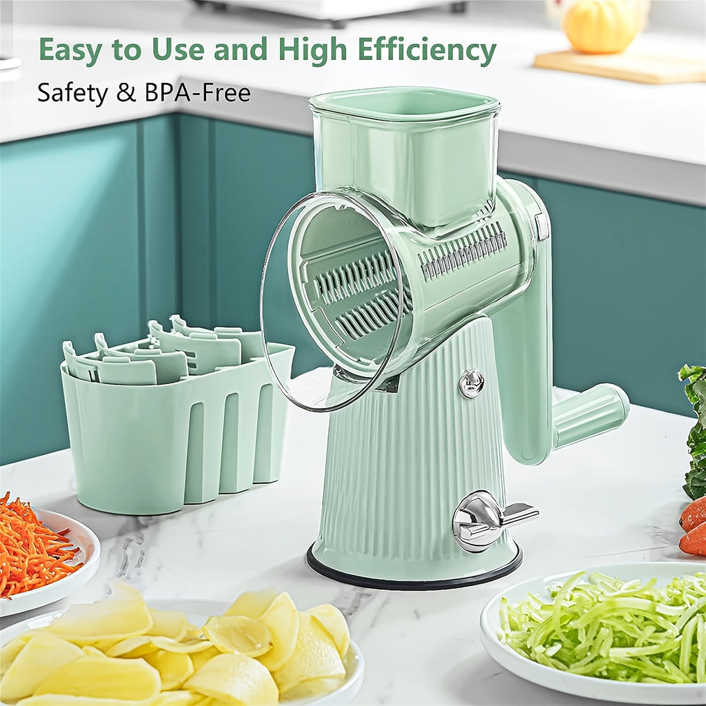 5-in-1 Rotary Cheese Grater with Interchangeable Blades, Suction Cup Base & Handle – Manual Vegetable Slicer Shredder for Cheese, Fruits, Nuts & Vegetables – Easy Clean Kitchen Tool Set