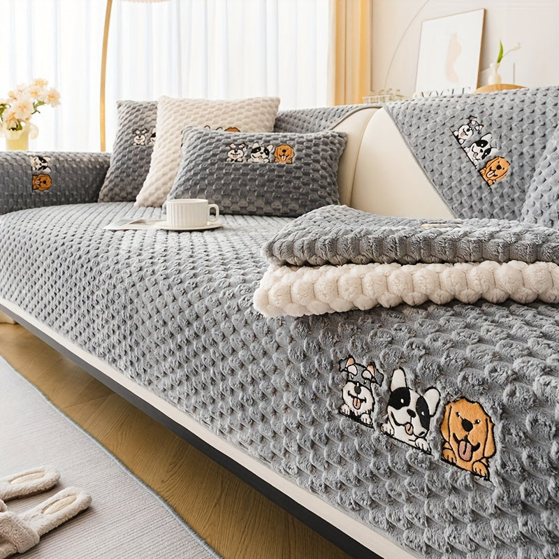 Honeycomb Velvet Sofa Slipcover Pet-Friendly Non-Slip with Cute Dog Embroidery, Bohemian Style Machine Washable Polyester Couch Cover for Sofa Cushion Backrest Armrest – Single Piece Home Decor, Grey
