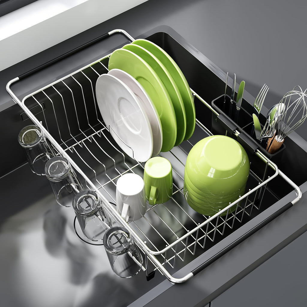 Stainless Steel Over-the-Sink Dish Drying Rack & Colander Strainer Basket with Expandable Grip – Heavy-Duty Sink-Mounted Dish Drainer for Vegetable Washing & Space-Saving Kitchen Organization