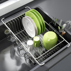 Stainless Steel Over-the-Sink Dish Drying Rack & Colander Strainer Basket with Expandable Grip – Heavy-Duty Sink-Mounted Dish Drainer for Vegetable Washing & Space-Saving Kitchen Organization