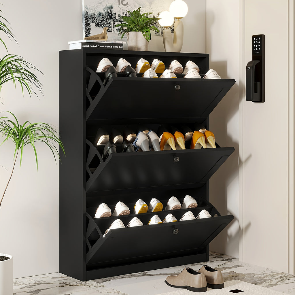 Flip Drawer Shoe Organizer Rack with 2 or 3 Drawers – Space-Saving Shoe Storage Cabinet for Entryway Hallway Bedroom, 3 Colors White Black Rustic Brown