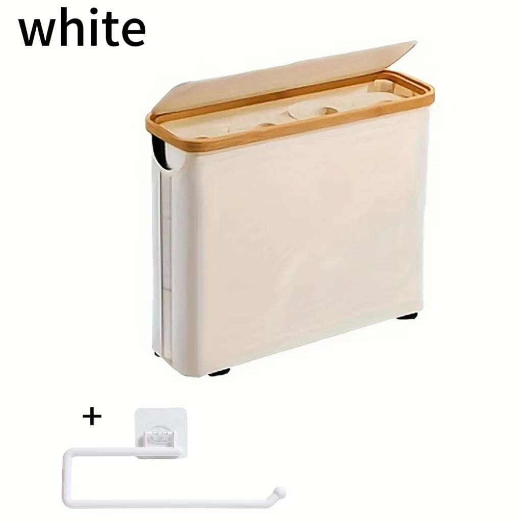 Bamboo Toilet Paper Storage Basket with Lid Holds 12 Rolls, Multi-Functional Bathroom Organizer with Tissue Holder Hook – Countertop Bathroom Decor, Black, Gray, White & Purple