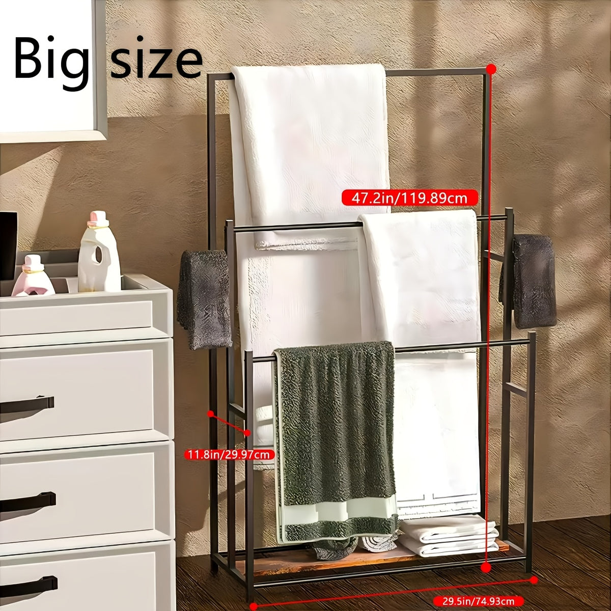 47-Inch Free Standing Towel Rack 3-Tier – Oversized Floor Bath Towel Drying Valet Holder | Blanket & Quilt Rack Stand for Bathroom, Bedroom, Pool, Beach, Hot Tub & Gym | Small & Floor Models