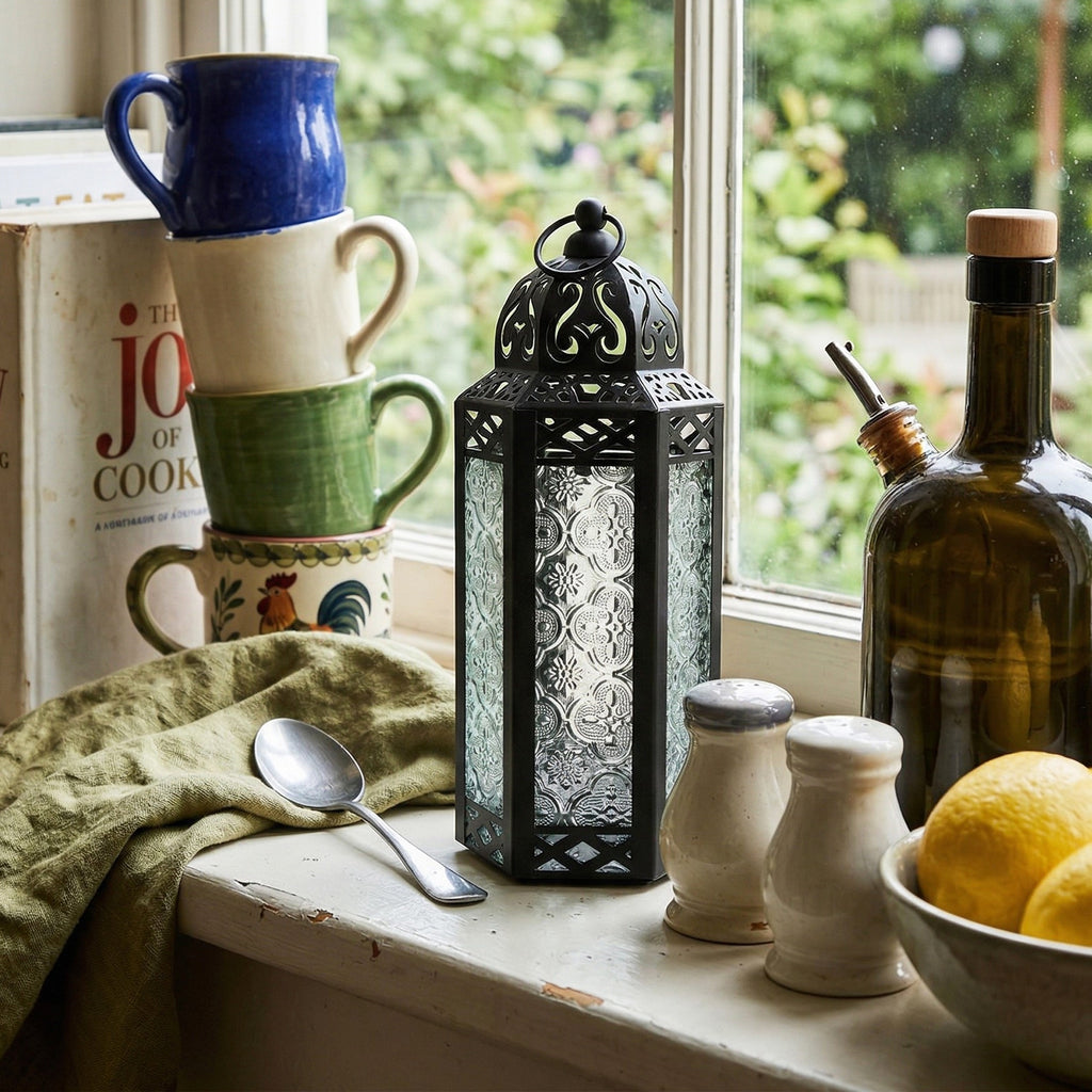 Moroccan Candle Lantern Holder Medium 10.5 Inch – Handcrafted Glass Iron Metal Lantern with Embossed Floral Panels, 17 Colors, Indoor Outdoor Use for Ramadan, Wedding, Patio, Diwali & Home Decor