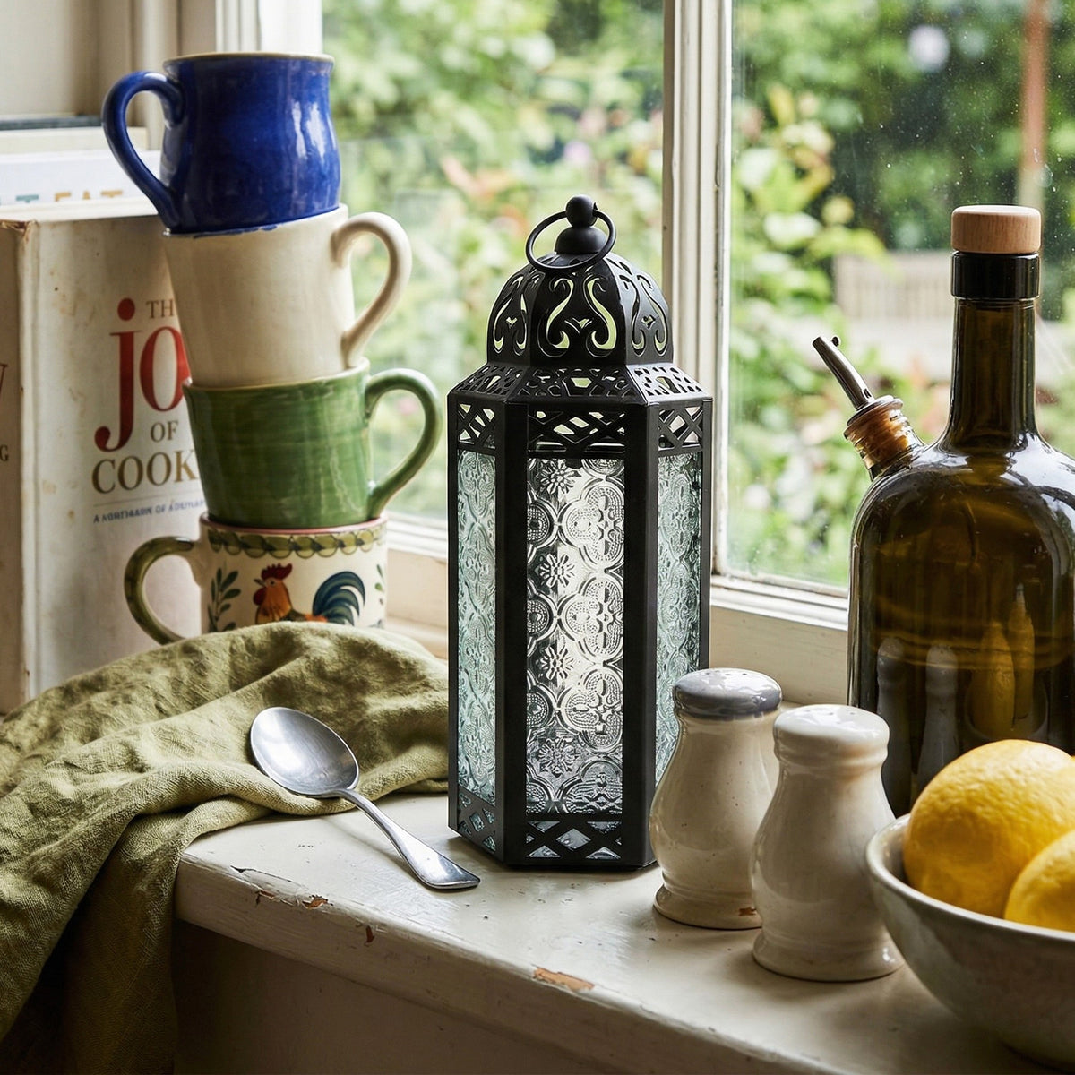 Moroccan Candle Lantern Holder Medium 10.5 Inch – Handcrafted Glass Iron Metal Lantern with Embossed Floral Panels, 17 Colors, Indoor Outdoor Use for Ramadan, Wedding, Patio, Diwali & Home Decor