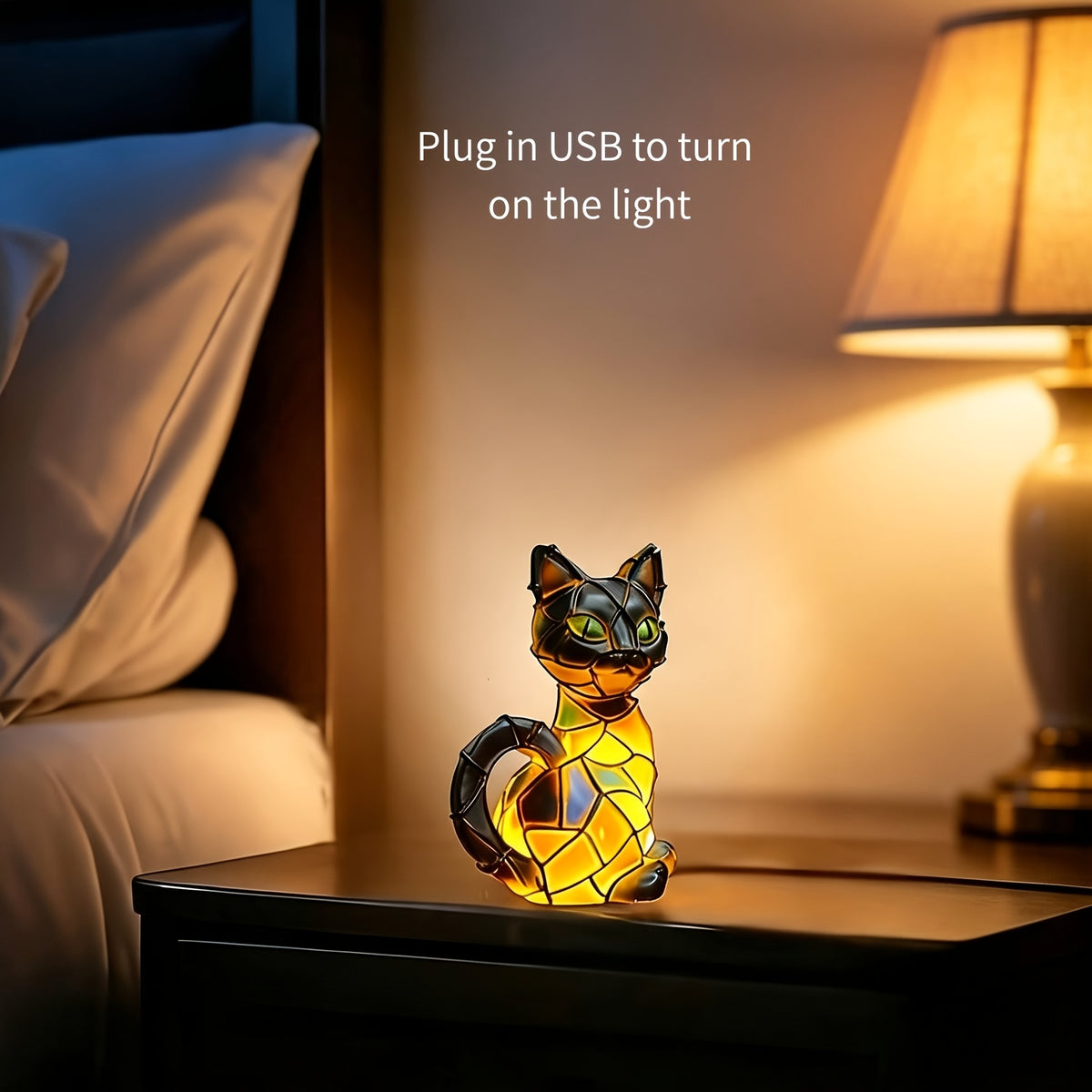 USB Glowing Cat Statue Collectible Figurine – Cute Pet Cat Themed Night Light Sculpture, Home Decoration Accent for Cat Lovers, Holiday Gift, Family Living Room Desk Decor