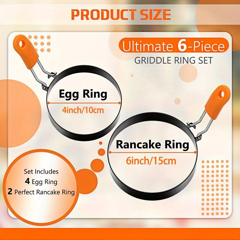 Egg Rings Set 6pcs Nonstick Stainless Steel with Silicone Handle – 4-Inch & 6-Inch Round Pancake Molds for Fried Eggs, Omelets & Breakfast Sandwiches