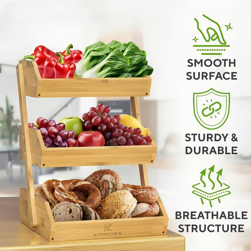 Bamboo Fruit Basket Stand 2 3 Tier Kitchen Countertop Organizer Produce Vegetable Bread Storage with Banana Hook Non-Slip Pads Easy Assembly