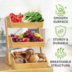 Bamboo Fruit Basket Stand 2 3 Tier Kitchen Countertop Organizer Produce Vegetable Bread Storage with Banana Hook Non-Slip Pads Easy Assembly