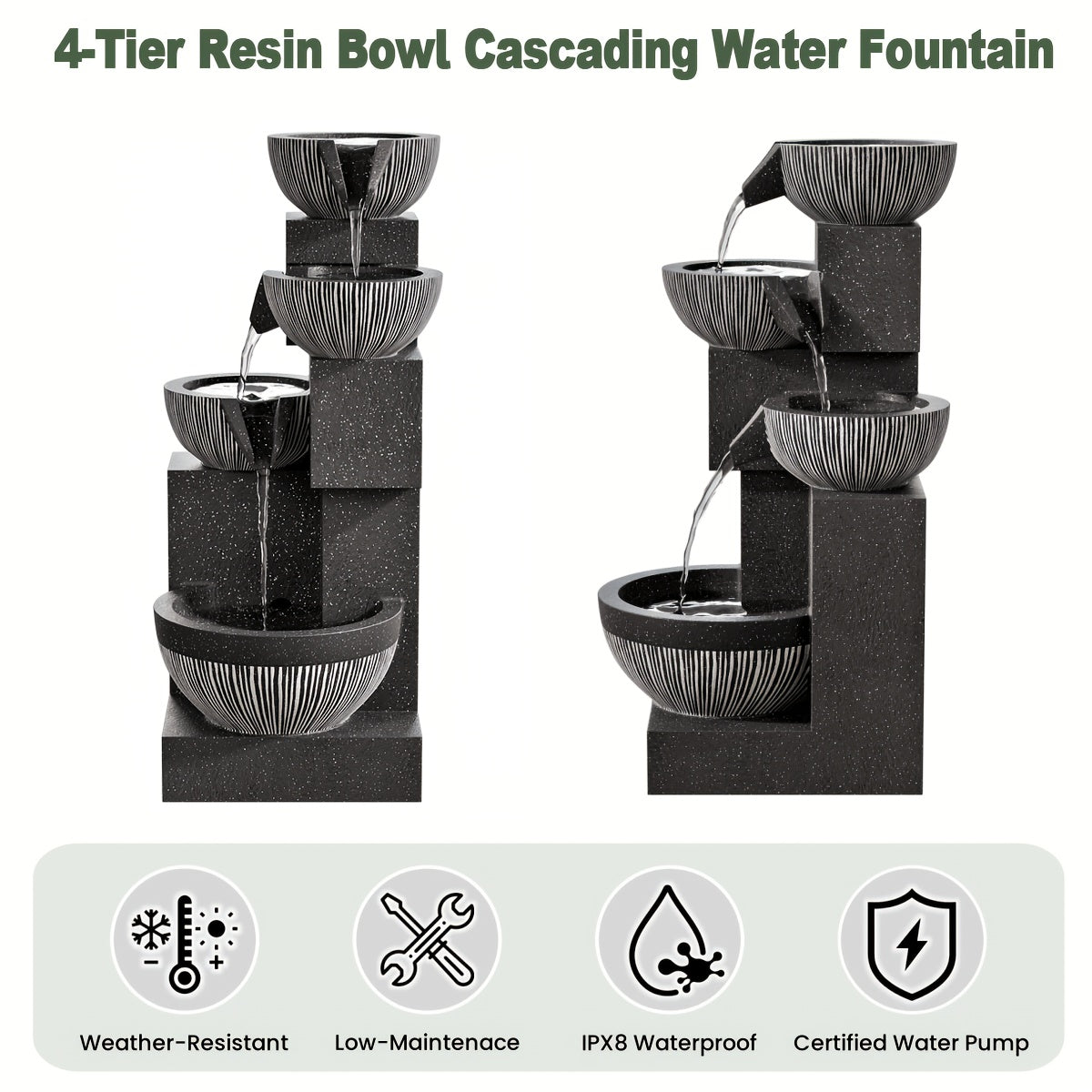 4-Tier Cascading Bowl Water Fountain 18.7" Floor Standing with LED Lights & Silent Pump – Indoor Waterfall Fountain for Home Decor, Office & Meditation