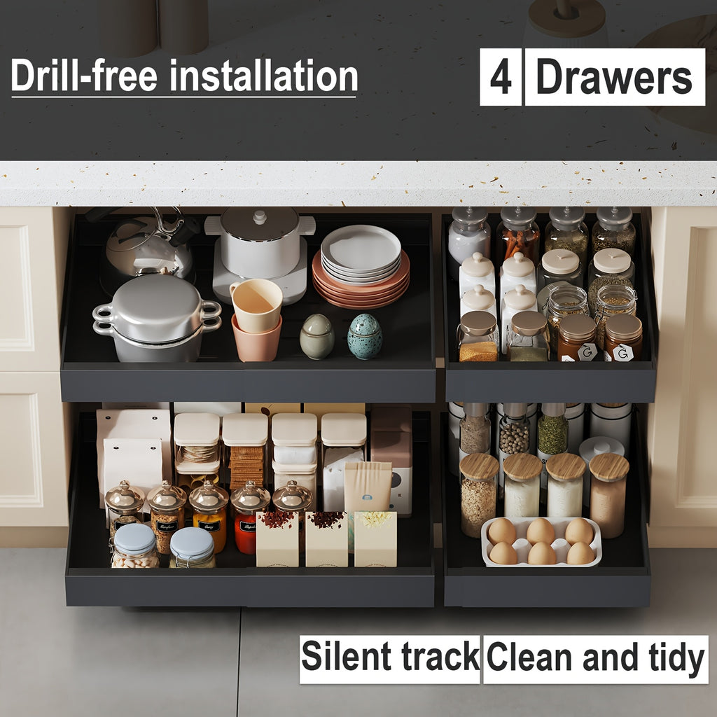 Slide-Out Cabinet Organizer Drawer – Heavy Duty 2 or 4 Drawer, 17" Deep Expandable 12.6"-20.6" Wide, Ultra-Quiet Rails, Anti-Rust Carbon Steel, Adhesive or Drill Mount for Kitchen, Bathroom & Garage