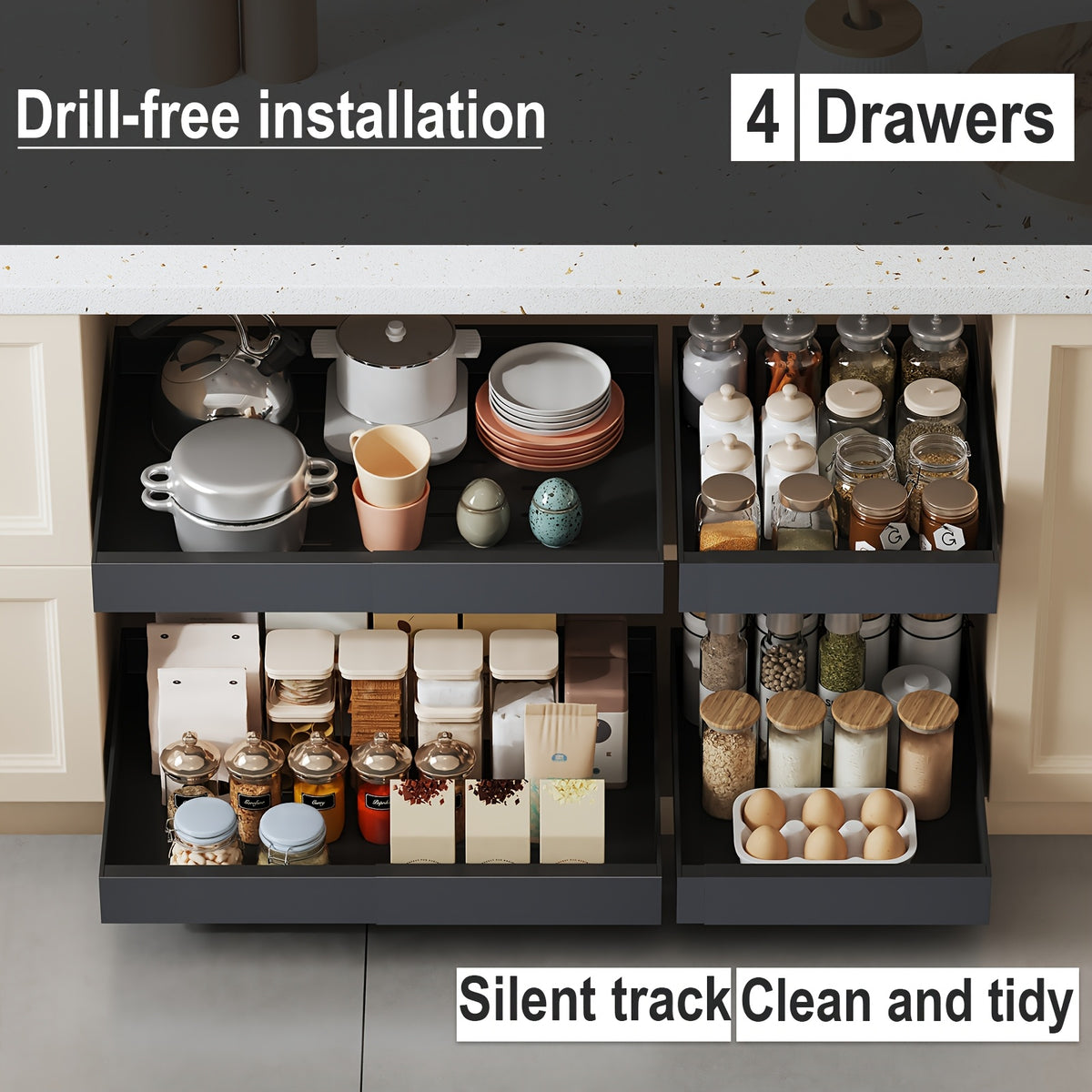Slide-Out Cabinet Organizer Drawer – Heavy Duty 2 or 4 Drawer, 17" Deep Expandable 12.6"-20.6" Wide, Ultra-Quiet Rails, Anti-Rust Carbon Steel, Adhesive or Drill Mount for Kitchen, Bathroom & Garage